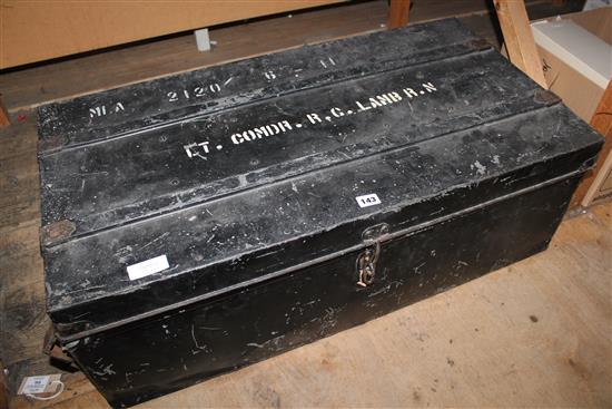 Tin trunk, naval uniforms & miniature medals